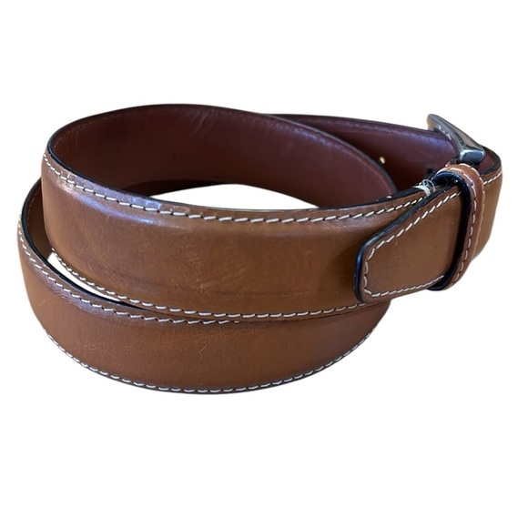 Peter Elliot Tan Leather Belt 34” Silver-Tone Brass Buckle Contrast Stitch Italy - Picture 12 of 16